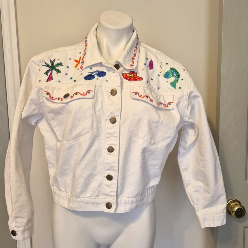 Vintage Petite Sophisticated White Cotton Boho Chic Button Front Jean Jacket(M)